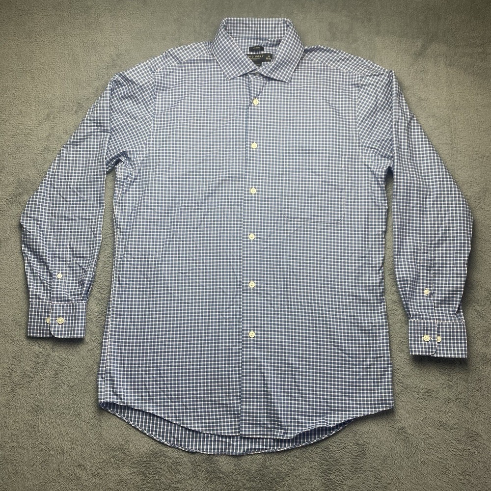 Pronto Uomo Men's Button Down Dress Shirt Size 16 32/33 Blue Checker 100% Cotton